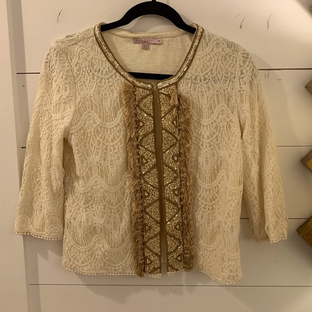 Calypso St Barth cropped jacket XS. Light weight cotton blend with gold appliqué
